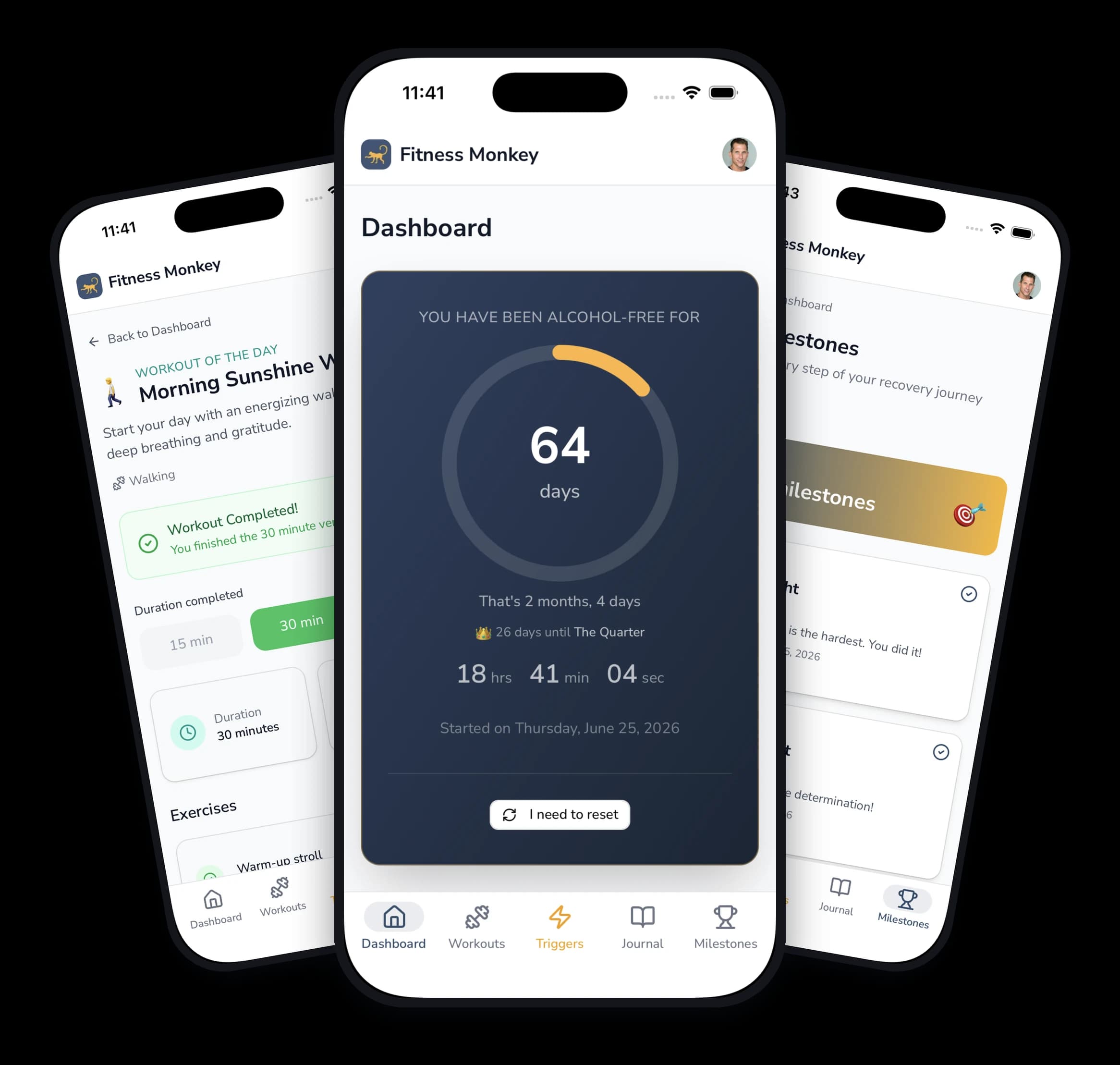 Fitness Monkey app — sobriety dashboard, workout of the day, and milestones
