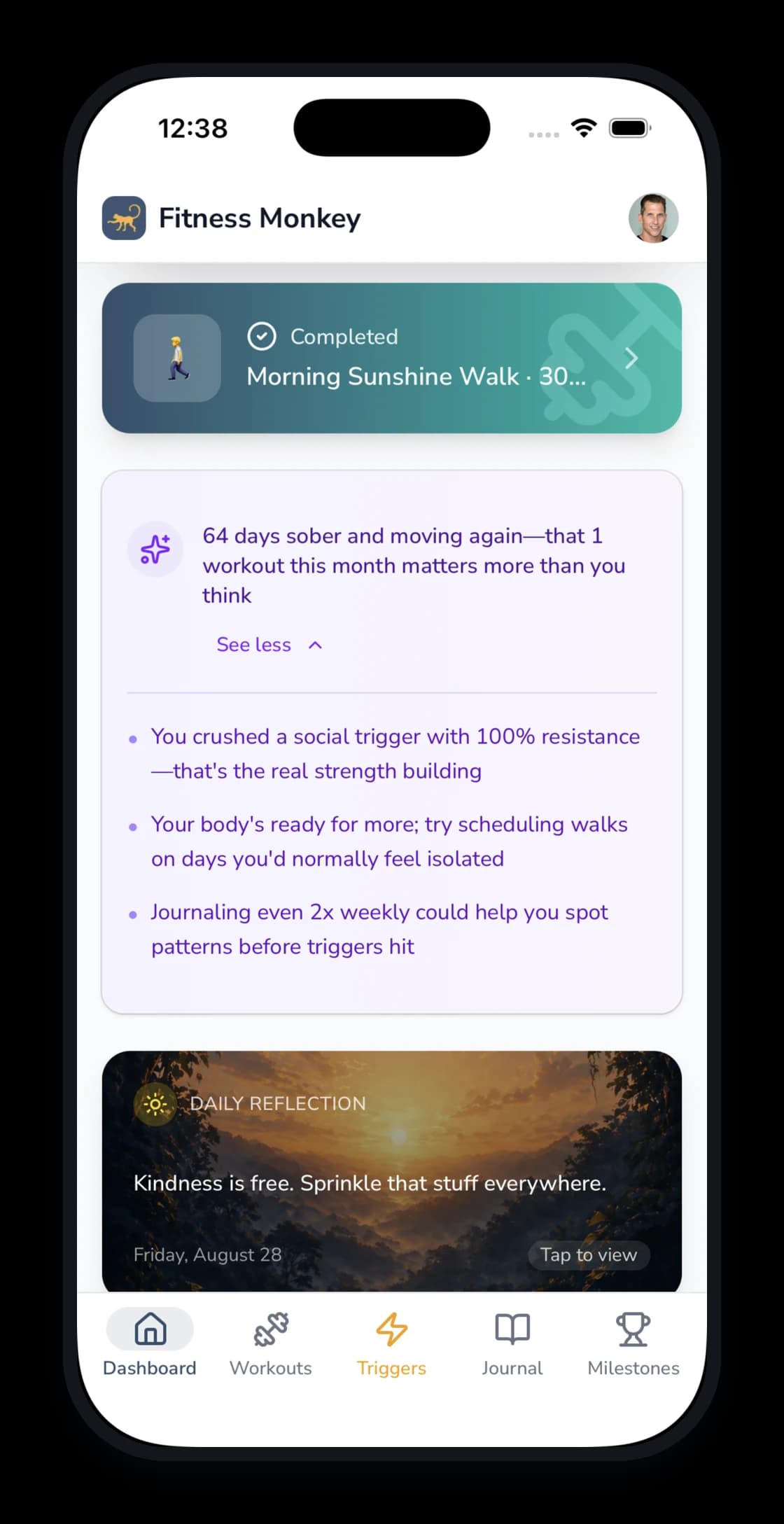 Fitness Monkey weekly AI insights on the dashboard